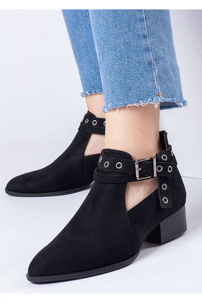 Bej Ayakkabı Women's Back Zippered Side Buckle Adjustable Suede Low Heeled Shoes Black