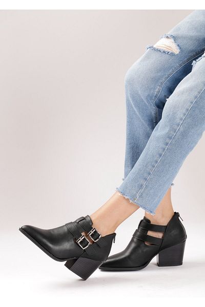 Bej Ayakkabı Women's Side Buckle Adjustable Back Zipper Heeled Shoes Matte Black