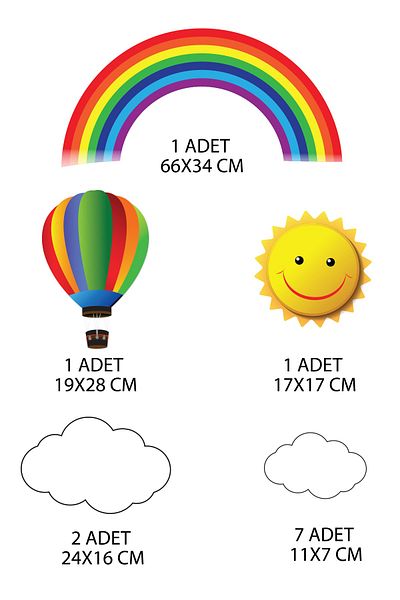 Tilki Dünyası Colorful Rainbow Balloon Sun and Clouds Kids Room Wall Sticker