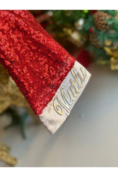 QUEEN AKSESUAR New Year's Special Sequin Sequined Red Happy New Year Written Luxury New Year's Hat with Pompom