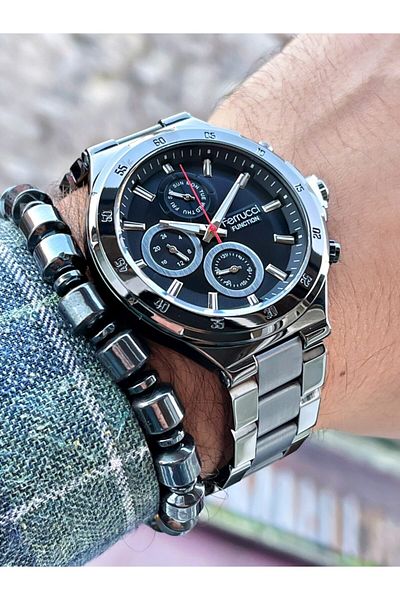 Ferrucci Smoke Color Black Dial Functions Active Men's Wristwatch + Hematite Natural Stone Bracelet Gift