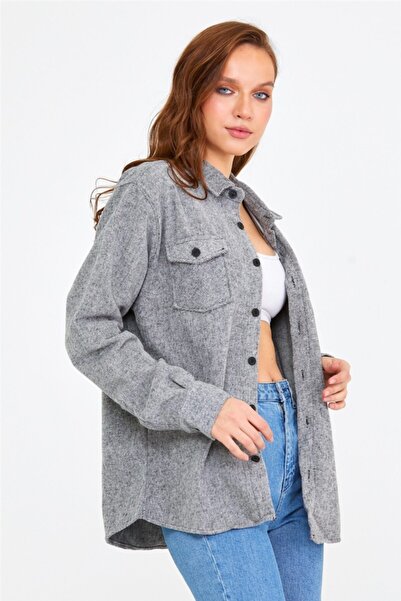 Tarz Cool Γυναικείο πουκάμισο ξυλοκόπο σε γκρι λεπτή εφαρμογή με τσέπες-kkkodg001r10s