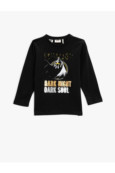 Koton T-shirt z nadrukiem Batmana, bawełniany, cekinowy, z długim rękawem