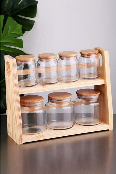 Ün-Ev Set of 7 Glass Jars with Bamboo Vacuum Lid and Stand