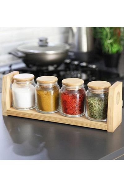 Ün-Ev 4-Piece Bamboo Vacuum Glass Jar Set with Lid and Stand
