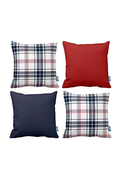 Bc Home 4'lü Çiftlik Evi Tartan Kırlent Kılıfı Seti Kırmızı/lacivert/beyaz