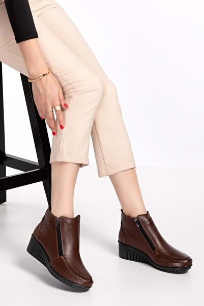 Gondol Kadın Hakiki Deri Çift Fermuarlı Kolay Giyim Bot Esfa.2450 - Kahverengi - 38