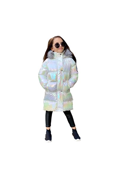 Quzucuk Kids Kız Çocuk Petrol Beyaz Uzun Şişme Mont