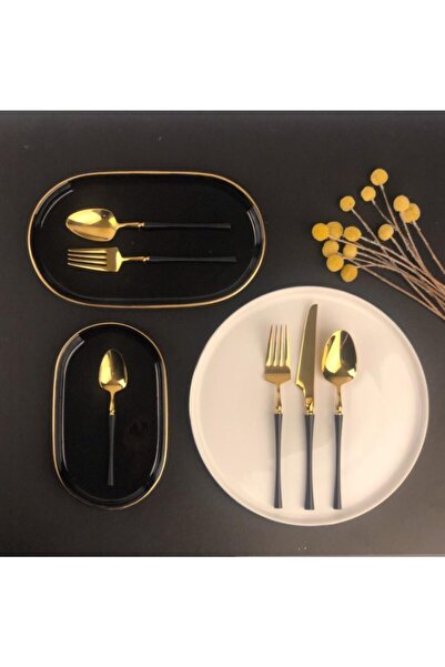 Sembol Siyah Parlak Altın 36 Parça Çatal Kaşık Bıçak Seti