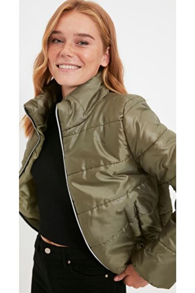 GoGirl Atelier Haki Fermuarlı Dik Yaka Şişme Crop Mont