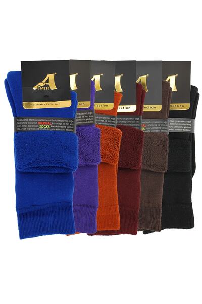 A CLASSE 6'lı Paket Termal/Thermal Kalın Kışlık Renkli Kıvrık Havlu Kadın Çorap