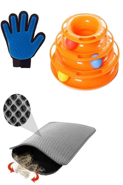 TİNEKE Set of 3 Cat Toilet Mat with Sieve (grey) + Feather Collection Glove + Tower Of Tracks Cat Toy