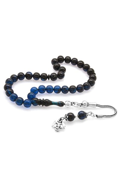 Tesbihane 925 Ayar Gümüş Püsküllü Küre Kesim Bilek Boy Süzme Mavi-siyah Sıkma Kehribar Tesbih