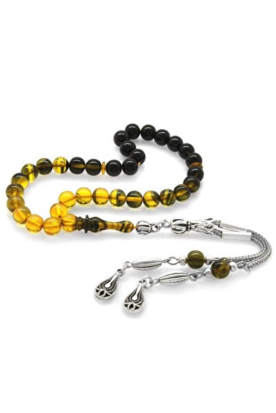 Tesbihane Kararmaz Metal Püsküllü Küre Kesim Bilek Boy Süzme Sarı-siyah Ateş Kehribar Tesbih