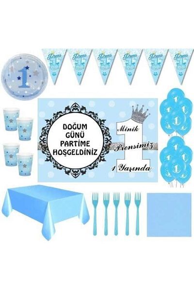 Parti Furyası 1 Year Old Boy 8 Person Birthday Ornaments with Banner