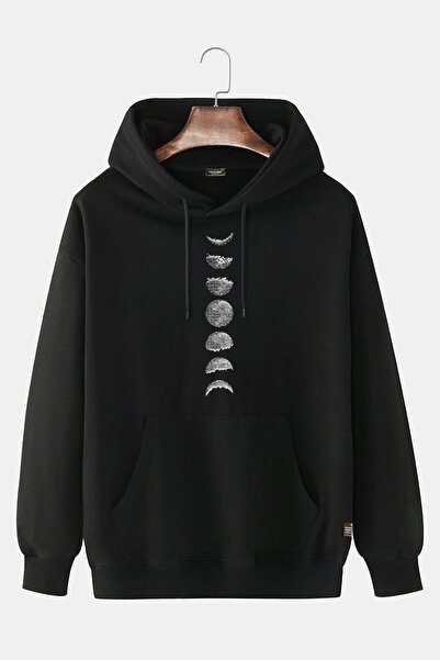 COLLIE Hanorac unisex negru, cu glugă, cu imprimeu cu fazele lunii pe față, c...