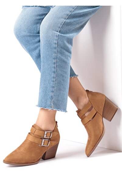 Bej Ayakkabı Women's Side Buckle Adjustable Back Zipper Heeled Shoes Camel