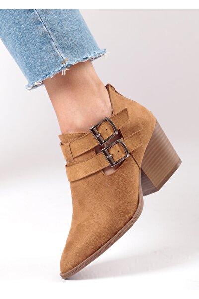 Bej Ayakkabı Women's Side Buckle Adjustable Back Zipper Heeled Shoes Camel