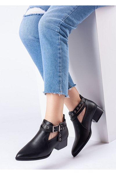 Bej Ayakkabı Women's Back Zippered Side Buckle Adjustable Low Heel Shoes Matte Black
