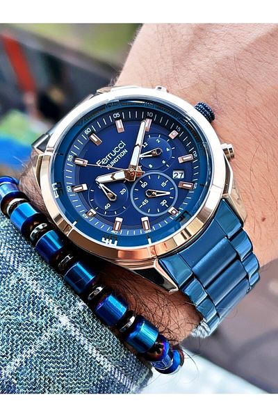 Ferrucci Navy Blue Color Rose Gold Case Functions Active Men's Wristwatch Hematite Natural Stone Bracelet