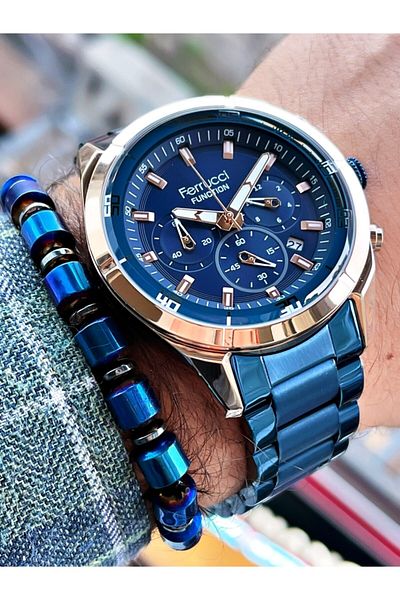 Ferrucci Navy Blue Color Rose Gold Case Functions Active Men's Wristwatch Hematite Natural Stone Bracelet