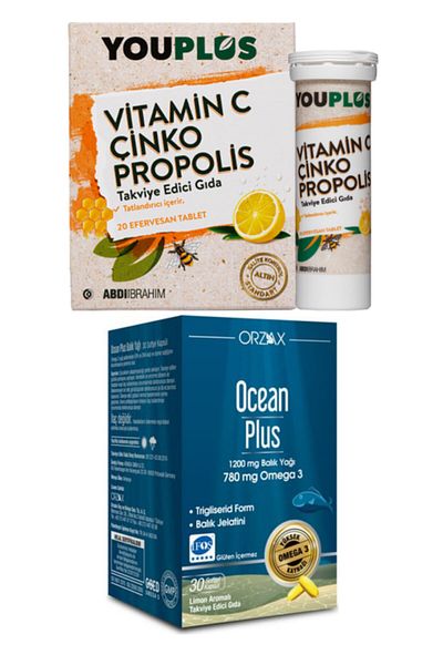 Youplus Vitamin C, Zinc Propolis 20 Effervescent Tablets and Ocean Plus Omega 3 1200 Mg 30 Capsules