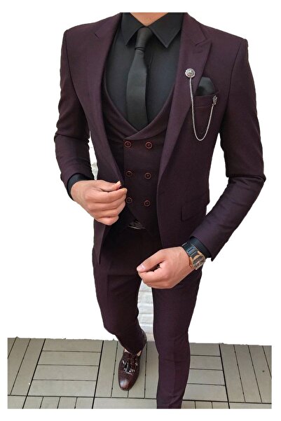 Biçeq Collection Men's Black Slim-Fit Vest Suit + Collar Ornament and Tie