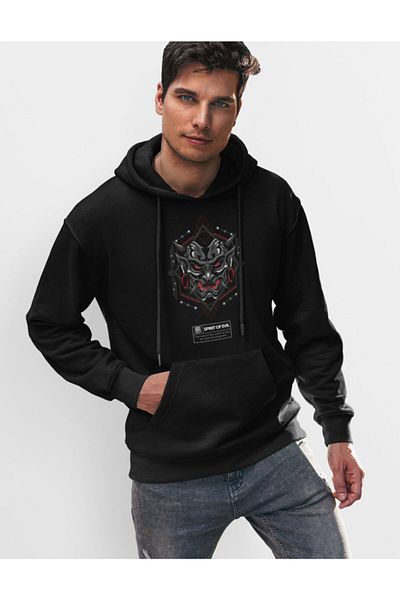 Raf Coll Hanorac negru oversize unisex cu glugă cu imprimeu digital în față