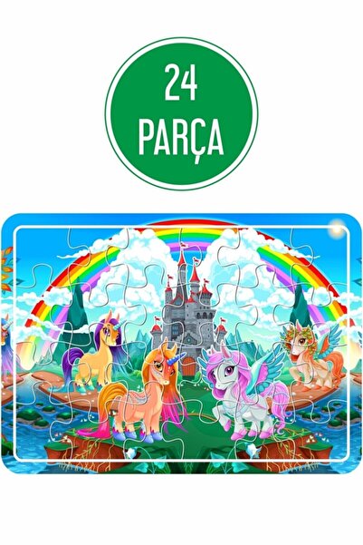LİPYOS Unicorn, Şeker Ev Ve Elma Ağacı, Havuzda Oyun, Sevimli Hayvanlar Ahşap 4'lü Puzzle Seti