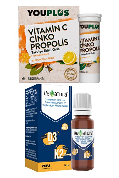 Youplus Vitamin C, Çinko, Propolis 20 Efervesan Tablet + Venatura Vitamin D3k2 Damla 20 ml