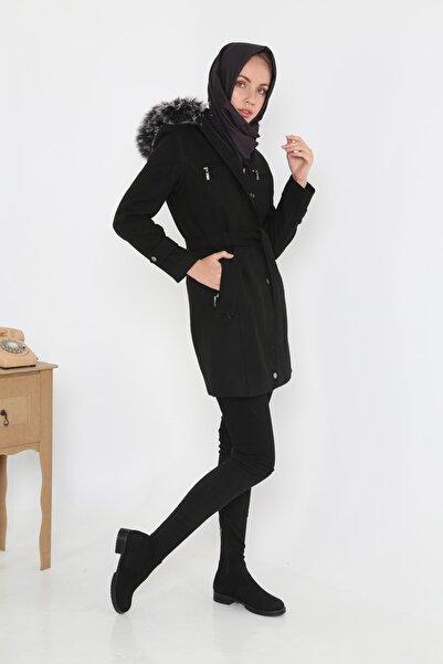 KMKkombin Women's Young Sports Zippered Belt Detailed Short Stash Coat