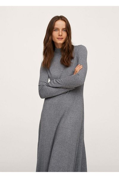 MANGO Woman Rochie țesută cu guler Perkins pentru femei, roșu mijlociu, gri