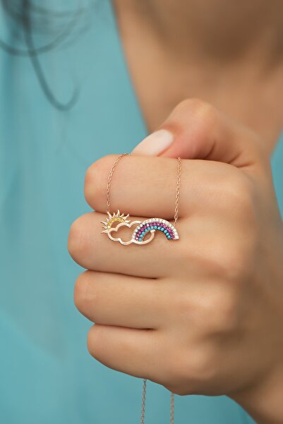 Nereze 925 Ayar Gümüş Bulut Güneş Gökkuşağı Kolye