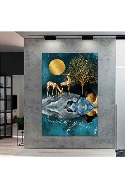 Sebenta Dev Boyut Altın Dokulu Geyik Manzara Kanvas Tablo (80cm X 120cm)