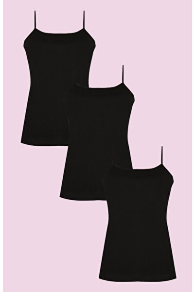 Ceylanoğlu 3 Lü Paket Siyah Kadın Ip Askılı Ribana Saten %100 Pamuk Atlet