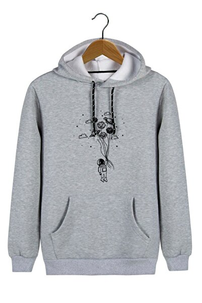 VEAVEN Unisex Gri Kapüşonlu Balon Baskılı Slim Fit Kanguru Cepli Sweatshirt