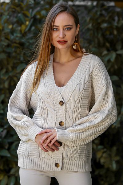 Chiccy Γυναικεία πλεκτά μαλλιά σε μπεζ μοτίβο με κοκάλι με κουμπιά ρετρό ζακέτα M10010900HR99517