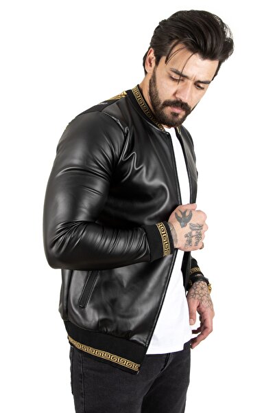 DeepSEA Ανδρικό παλτό από συνθετικό δέρμα με κεντημένο λιοντάρι στην πλάτη 2200349