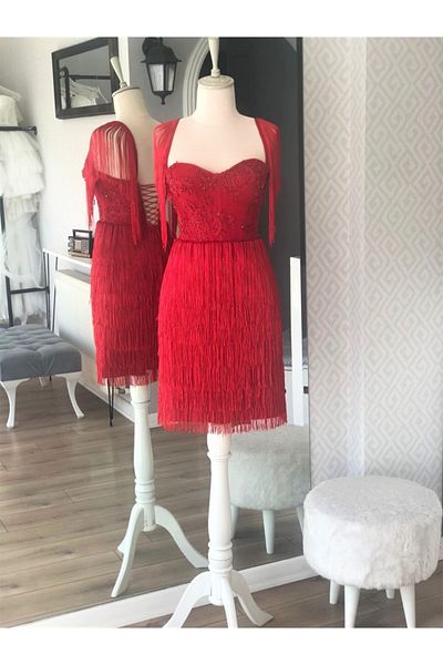 Lenta Moda Red Tassel Skirt Detailed Mini Evening Dress / Evening Dress