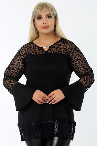 Kheos Flounce Sleeve Tunic with Flock Print on Tulle, Collar and Chain Detail