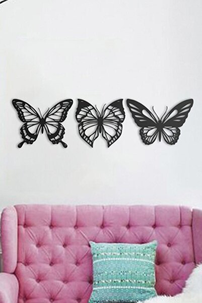 NT Handmade Siyah Ahşap 3lü Kelebek Set Duvar Dekoru Salon Oturma / Yatak / Ç...