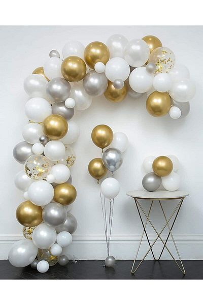 Deniz Party Store 30 Metallic Pearlescent Gold-silver Grey-white Balloons, Helium Flying Balloons
