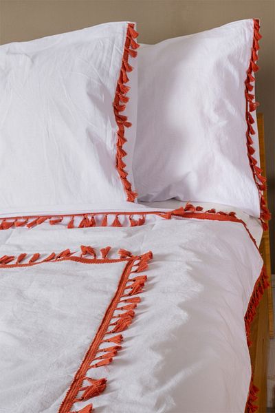 vivamaison White 100% Cotton Double Duvet Cover and Pillow Set with Red Pompom