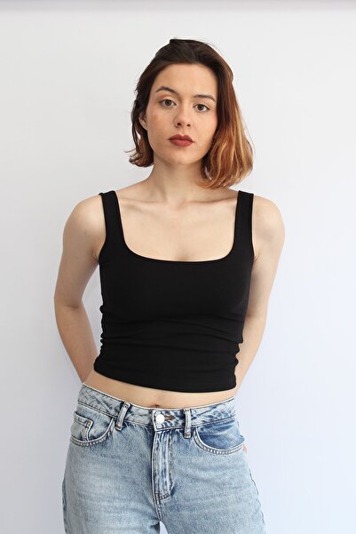 Rosse Butik Kadın Siyah Askılı Crop Top
