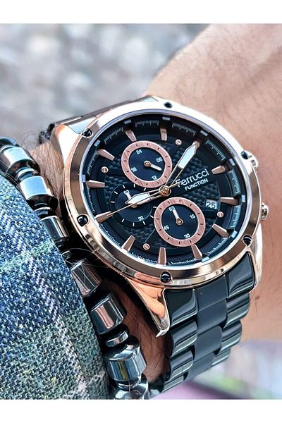 Ferrucci Black Color Rose Gold Case Functions Active Men's Wristwatch + Hematite Natural Stone Bracelet Gift