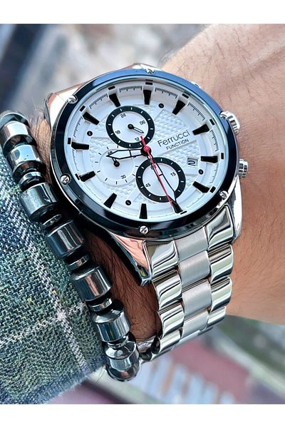 Ferrucci Silver Color White Dial Functions Active Men's Wristwatch + Hematite Natural Stone Bracelet Gift