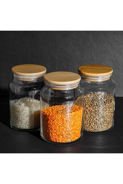 Ün-Ev 3-Piece Bamboo Vacuum Glass Jar with Lid 0.80 Lt