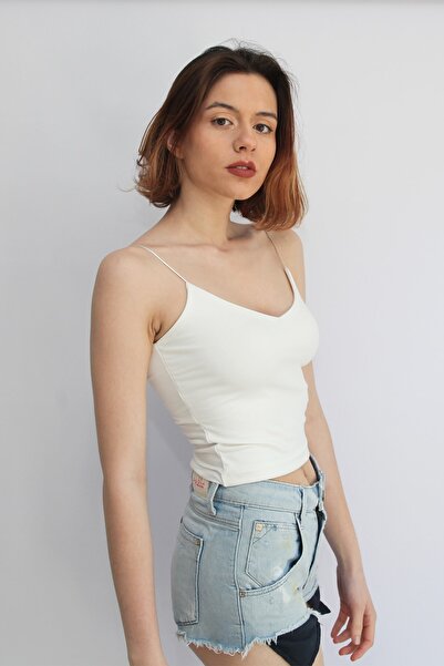 Rosse Butik Дамско горнище с V-образно деколте в цвят екрю и презрамки