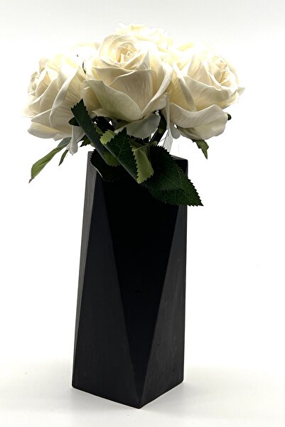 thebouqet Siyah Geometrik Beton Vazoda 7 Dallı Kadife Gül Demeti Beyaz 35 Cm