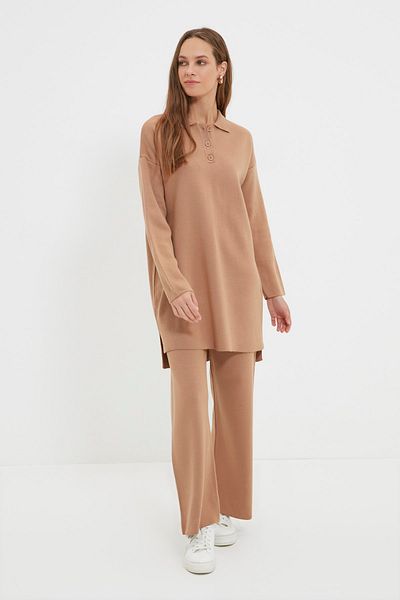 Trendyol Modest Camel Polo Collar Tunic-Pants Knitwear Suit TCTAW22US0076